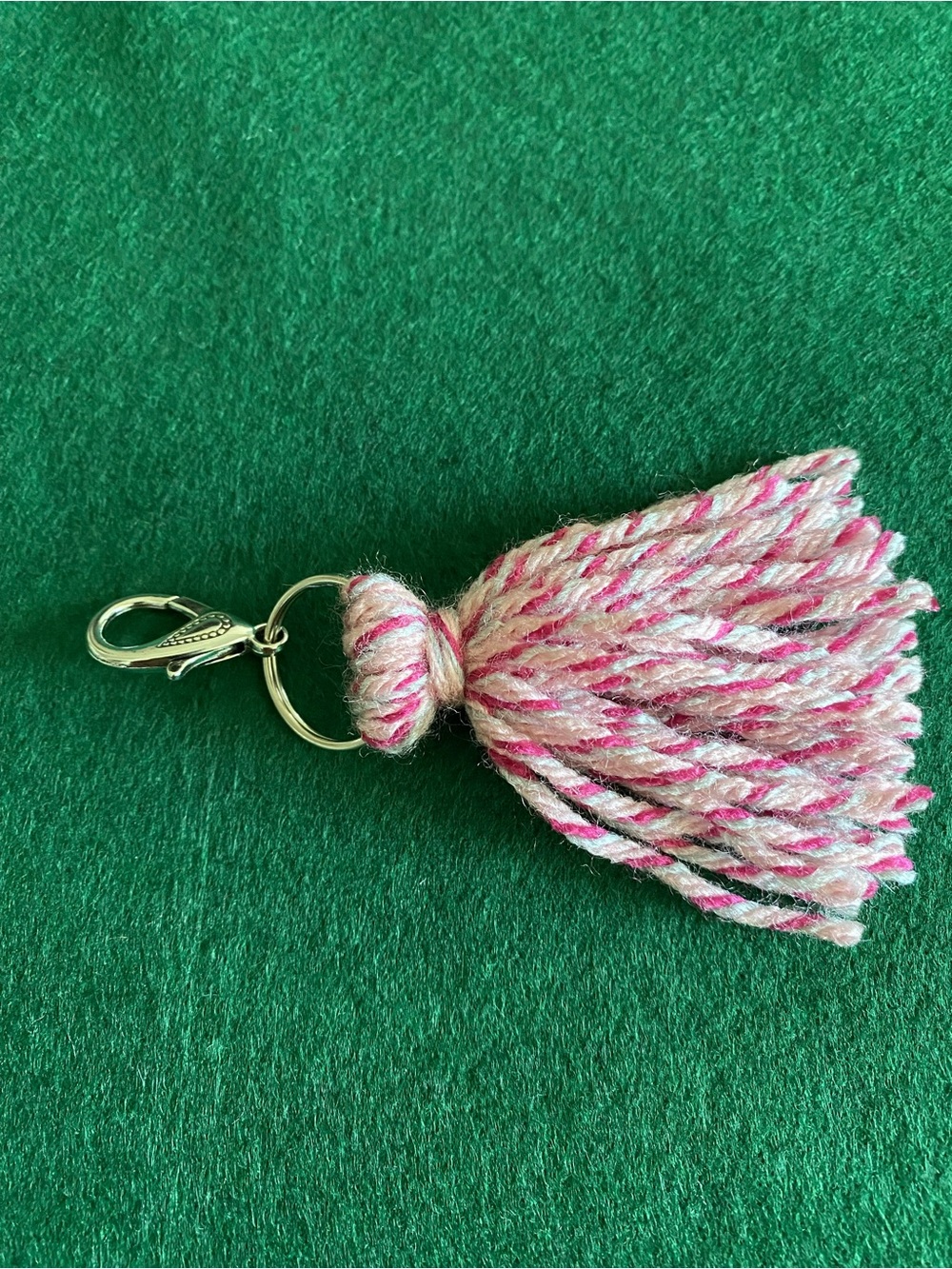 Pink and Cream Tassel Keychain with Silver Hardware